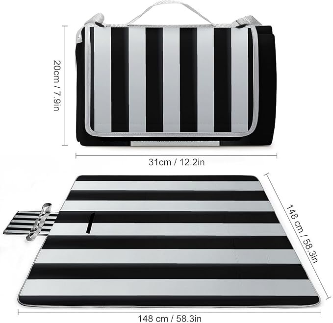Black and-White Stripes Beach BlanketPortable Waterproof Picnic Blanket58.3''x 58.3'' Extra Large Picnic Mat for BeachCamping Grass Lawn Park Accessorie for Festival BBQ