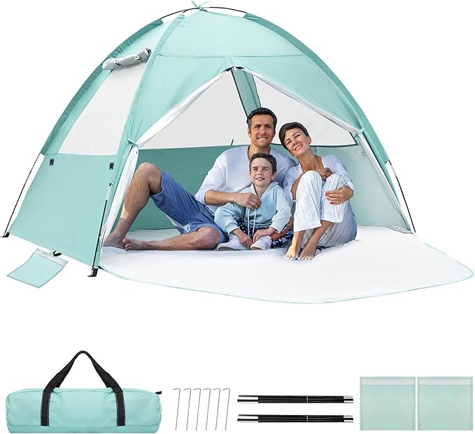 Beach Tent for 3-4 Person Large Easy Setup Beach Shade Canopy with UPF 50＋ UV Protection Portable Shade Tent with 3 Ventilating Mesh Windows for Outdoor Picnics Fishing