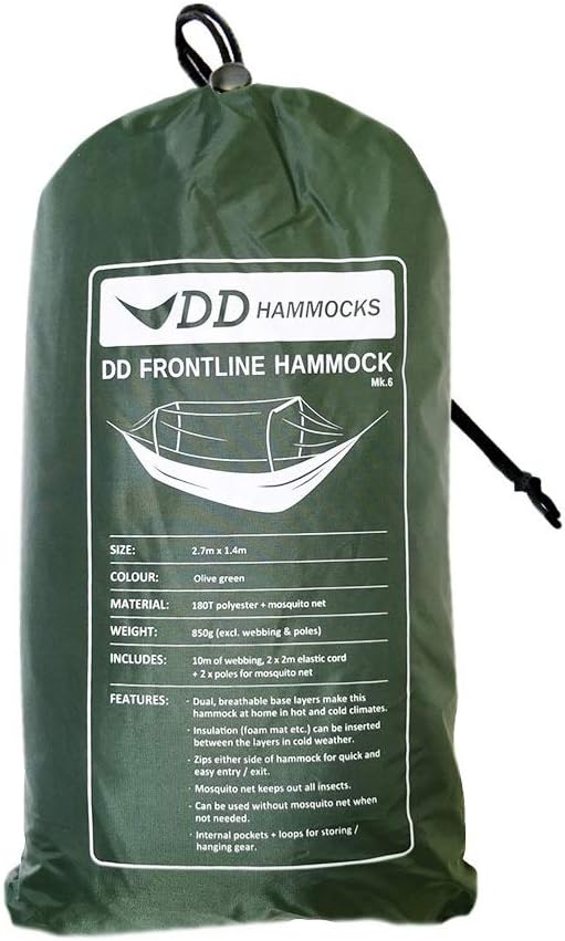 DD Hammocks Frontline Hammock - Olive Green - Portable Lightweight Camping Jungle Hammock with Mosquito Net for Outdoor Backpacking &amp Hiking