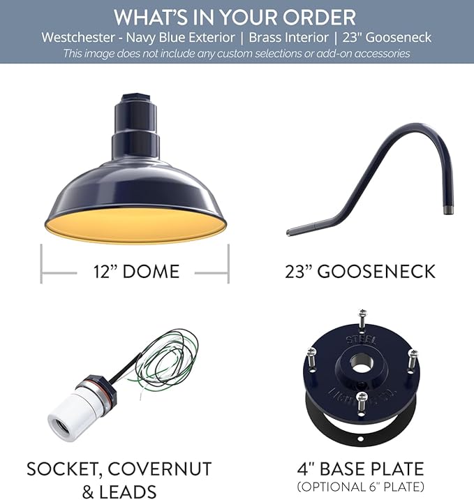 Steel Lighting Co. Westchester Barn Light | Outdoor Wall Mounted | 12 inch Dome | 23 Gooseneck | Warehouse Steel Light Made in America | Navy Blue Exterior/Brass Interior
