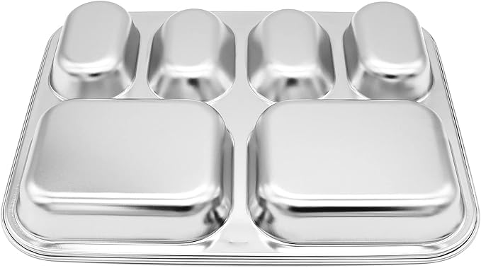 Korean Stainless Steel Divided Plates for Kids Adults Students Premium 304 Electro-Polished No Black Residue BPA-Free 6-Compartment Food Tray Picky Eaters Diet Portion Control Set of 2