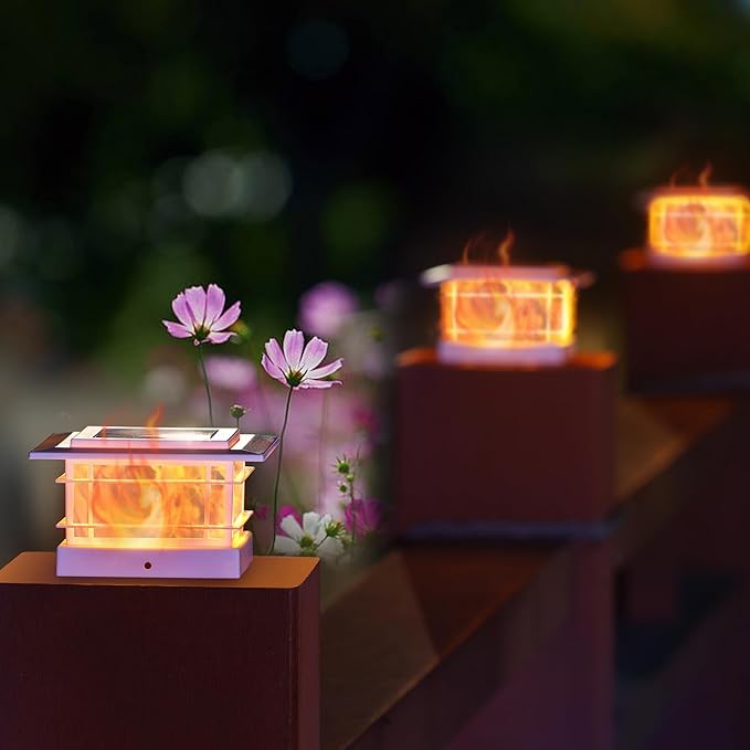 Dynaming 4 Pack Solar Post Cap Lights Outdoor with Flickering Flame Light White Shell Fence Post Solar Lights Fit 4x4 5x5 Vinyl/Wooden Posts Brightness LED Lighting Decor for Garden Deck Patio