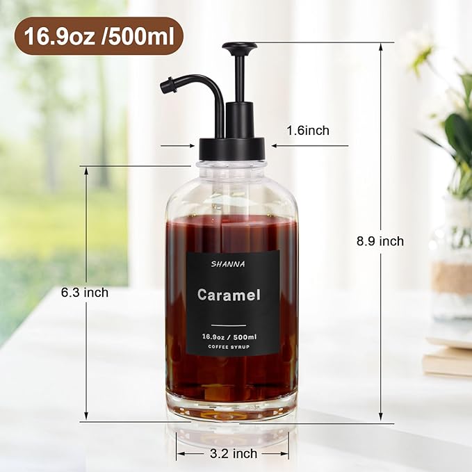 Coffee Syrup Dispenser for Coffee Bar 16.9oz 500ml Glass Syrup Dispenser w Black Coffee Scoop Coffee Syrup Pump Dispenser w 36 Labels and Bamboo Tray Coffee Syrup Bottles with Black Pump 3PCS
