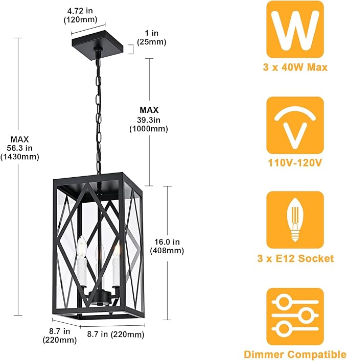 3 Lights Outdoor Pendant Light for Porch Black &amp White Exterior Hanging Light Fixture with Clear Glass Industrial Metal Cage Outside Chandelier Pendant for Porch Entryway Front Door Doorway