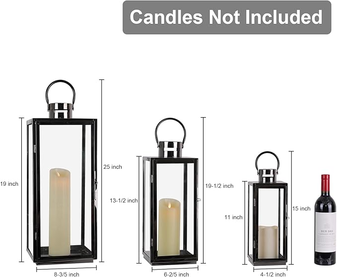 NEEDOMO Stainless Lanterns Decorative Outdoor &amp Indoor Set of 3 Outdoor Lanterns for Porch 25/ 19.5/15 Candle LanternStainless with Glass Vintage Farmhouse Patio Pathway Garden Christma