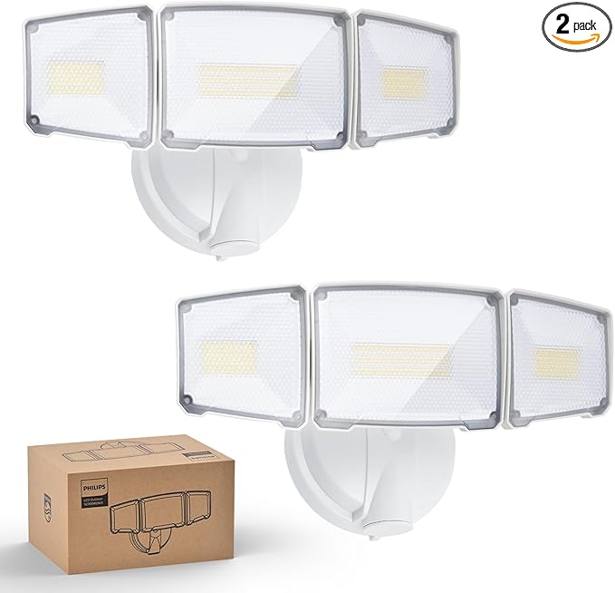 Philips 72W 7400LM LED Flood Lights Outdoor Switch Controlled Aluminum Security Lights 3 Adjustable Heads Wall Mount 5000K Daylight Waterproof for Yard Garage (2 Packs)