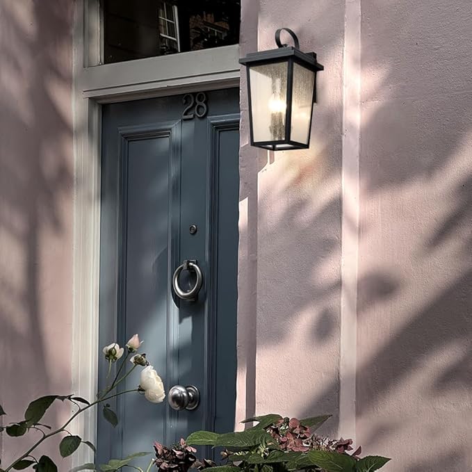 Large Outdoor Wall Sconce Mate Black Exterior Lights Fixtures for House Waterproof Outside Porch/Patio Lantern Wall Mount with Seeded Glass for Garage Entryway ETL