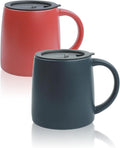 Classic Mug 14 oz Large Coffee Mug with Handle Ceramic Porcelain Tea Cup Smooth Matte (Sliding Lid Set of 2 Red and Navy Blue)