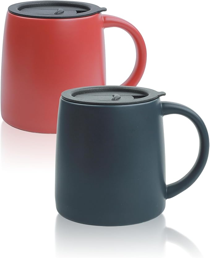 Classic Mug 14 oz Large Coffee Mug with Handle Ceramic Porcelain Tea Cup Smooth Matte (Sliding Lid Set of 2 Red and Navy Blue)