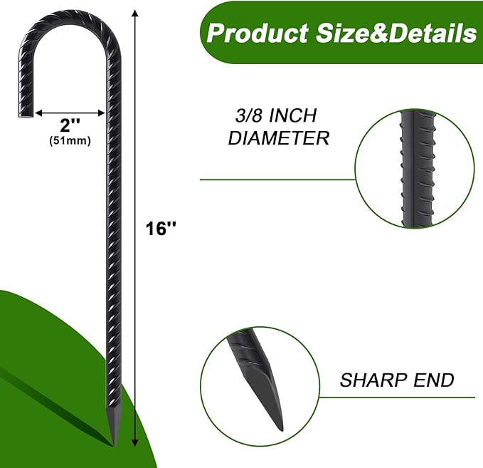 AAGUT Rebar Stakes 16 Inch J Hook Heavy Duty 8 Pack 3/8 Inch Black Coated Metal Steel Ground Anchors Chain Link Fence Stakes for Camping Tent Inflatables Yard Decorations Canopies &amp Swing Sets