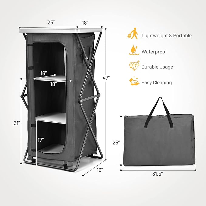 Giantex Folding Camping Storage Cabinet with 3 Shelves and Carry Bag Portable Outdoor Organizer Kitchen Table Quick Set-up for BBQ Picnic Backyard Compact Pop-Up Cupboard 47''H