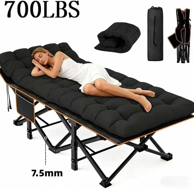 Comfortable and Soft Folding Bed Portable Camping cot with Side Pockets and Mattress Extra-Thick Oversized Folding Bed Weight Capacity of 500/600/700 lbs (Black 700lbs)
