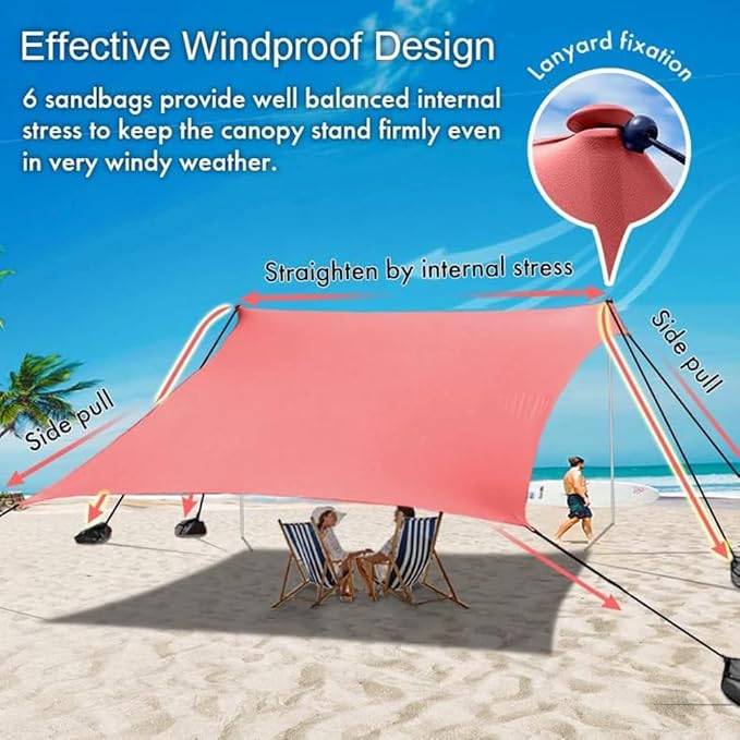Beach Canopy Windproof Design Sun Shelter UPF50+ Portable Family Tent with 6 Sandbags Anchors 10x10 FT 2 Pole Pop Up Outdoor Shelter for Beach Camping Fishing Backyard