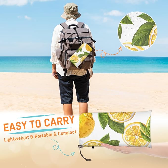 Waterproof Sandproof Beach Blanket 59''×68'' Lemon Polyester Outdoor Picnic Blanket with 4 Stakes &amp Storage Bag for BeachCampingVacation White Background