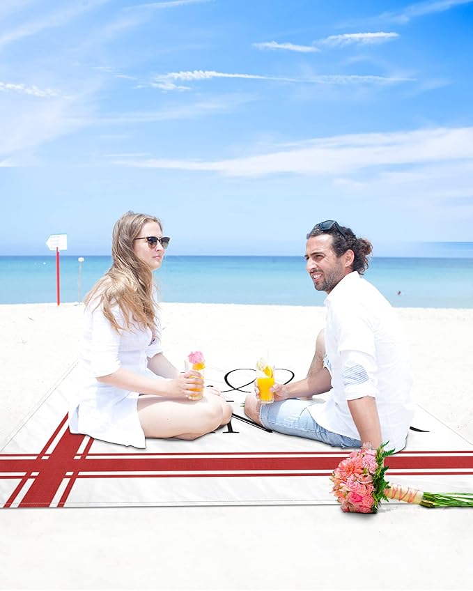 Beach Blanket Waterproof Sandproof OversizedChristmas Simple Red Stripe on White Beach Mat with Corner Stakes Sand PocketsHello Winter Quote Outdoor Picnic Mat for Travel Camping Hiking 95x80In