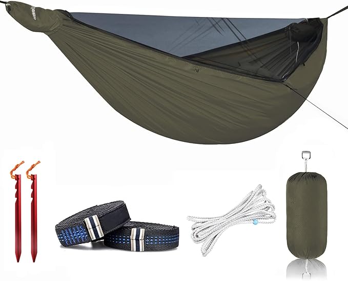 Onewind 11ft Camping Hammock with Mosquito Net and Structure Ridgeline Lightweight Portable Hammock with 12ft Tree Straps Ideal for Outdoor Hiking Backpacking OD Green