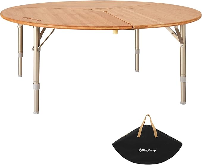 KingCamp Bamboo Round Folding Table Camping Table for Teepee Bell Tent 3 Fold Portable Camp Table with Heavy Duty Adjustable Height Aluminum Leg for Camping Picnic Indoor &amp Outdoor Card Game Dinni