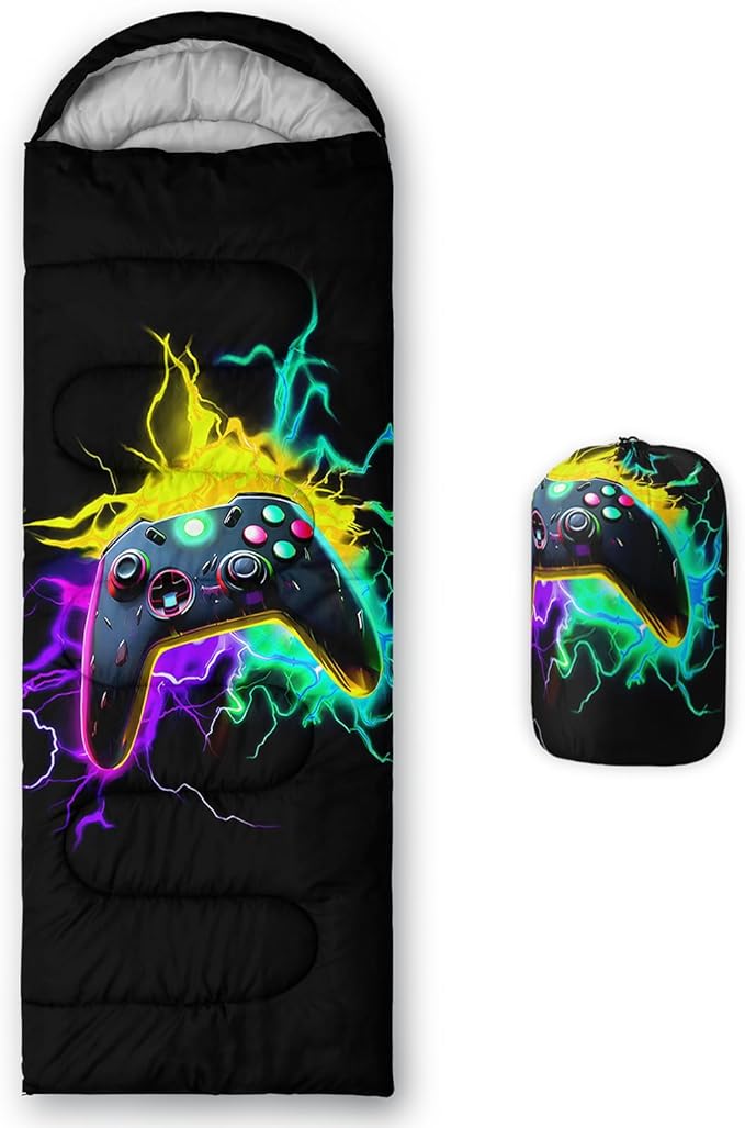 Axolotl Gaming Sleeping Bag for Boys Girls KidsGamepad Waterproof Portable Camping Bag3 Season Warm Cool Weather Lightweight Compact Camping Essentials Gear for Travelling Hiking Green Purple Orange