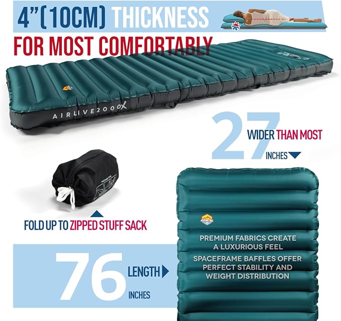ZOOOBELIVES 3D Wrapping Inflatable Camping Sleeping Pad with Built-in Pump Extra Thick and Wide Ultimate Comfortable Compact Camp Air Mat for Tent Car Traveling and Backpacking - Airlive2000X