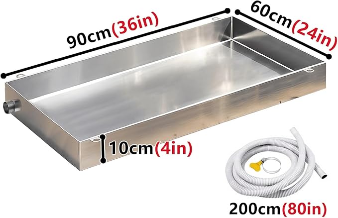 304 Stainless Steel AC Drain Pan with Flexible Hose 4 Height Leakproof Design Welded Lugs Perfect for Air Conditioners Kitchens and Plants (90x60cm / 36x24in)