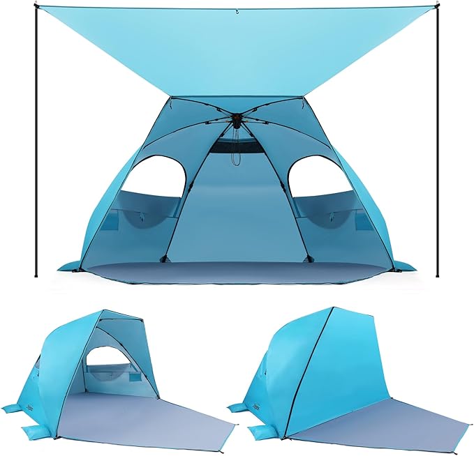 Elegear CumbreX™ Beach Tent with Canopy 4-6 Person 1-Second Umbrella-Style Setup Pop Up Sun Shelter Shade UPF 50+ UV Protection Four-Layer Silver-Coated Lightweight Portable Beach Cabana - Aqua Blue