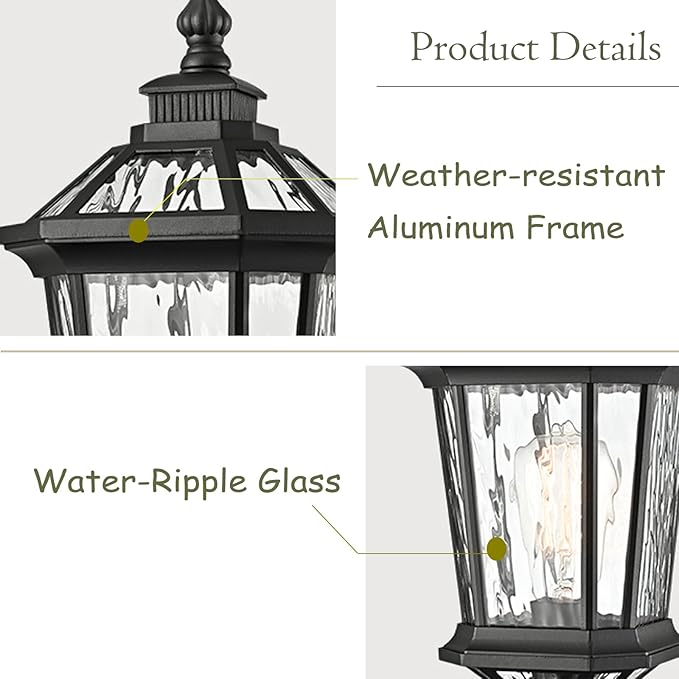DANSEER Outdoor Post Light Fixture Waterproof Exterior Lamp with Water Ripple Glass Outside Post Lighting for Garden Patio Pathway Yard Lawn