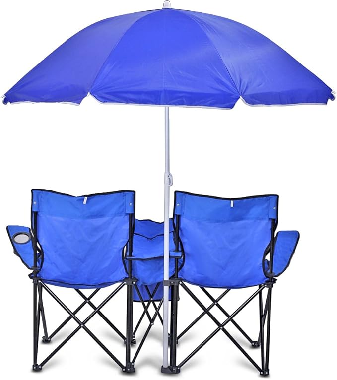 Flexzion Double Folding Beach Chair with Umbrella Table Cooler and Bag Portable Compact Folding Chair 2 Person Camping Chair with Canopy for Adults and Kids Outdoor Fold Up Chair Blue