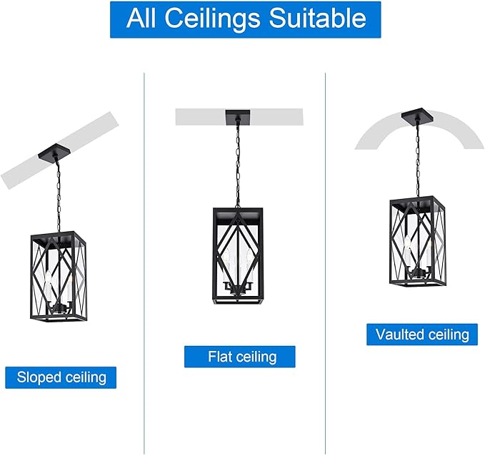 3 Light Outdoor Pendant Lights for Porch 15.7'' Waterproof Exterior Hanging Porch Lights Ceiling Mount Outdoor Chandelier with Clear Glass for Front Porch Gazebo Patio White Socket