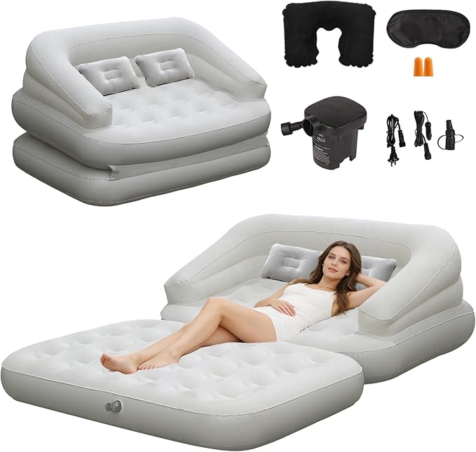 Full Size Inflatable Sofa Bed with Air Pump2-in-1 Blow-Up Couch and Folding Air Mattress Bed for HomeCampingand Guests