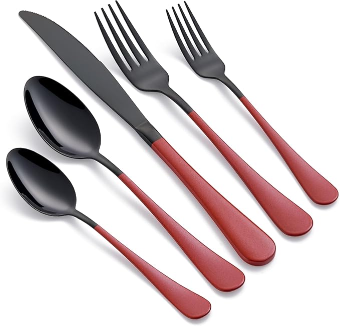 20-Piece Black and Purple Stainless Steel Flatware Set - 4 Dinner Knives Forks Spoons Salad / Dessert Teaspoons - Dishwasher Safe