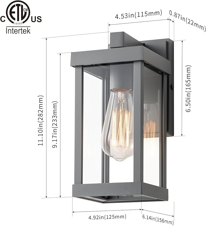 mirrea 11 Classic Outdoor Wall Sconce 1 Light in Matte Gray Rectangular Metal Frame and Clear Glass Shade Waterproof Porch Light Patio Light Pack of 2