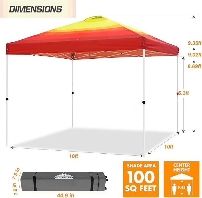 EAGLE PEAK Pop Up Canopy Tent with Wheeled Carry Bag 8 Stakes 4 Ropes 4 Weight Bags Easy Set Up Tent Canopy 10x10 ft 100sqft of Shade Sunset Stripe
