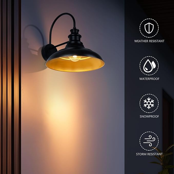 Outdoor Barn Light Fixtures 16 Inch Large Dome Farmhouse Exterior Wall Mount Lights Rustic Wall Sconces Indoor Wall Lighting Industrial Black Gold Lanterns for Porch Garage 2 Pack