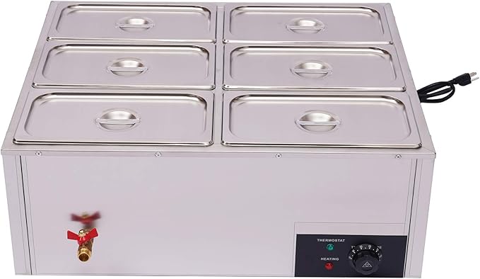 Countertop Food Warmer 850W 6-Pan Electric Steam Table 15cm/5.9inch Deep 7L Large Capacity Stainless Steel Buffet Steam Warmer for Catering and Restaurants 110V(7L / 6-Pan)