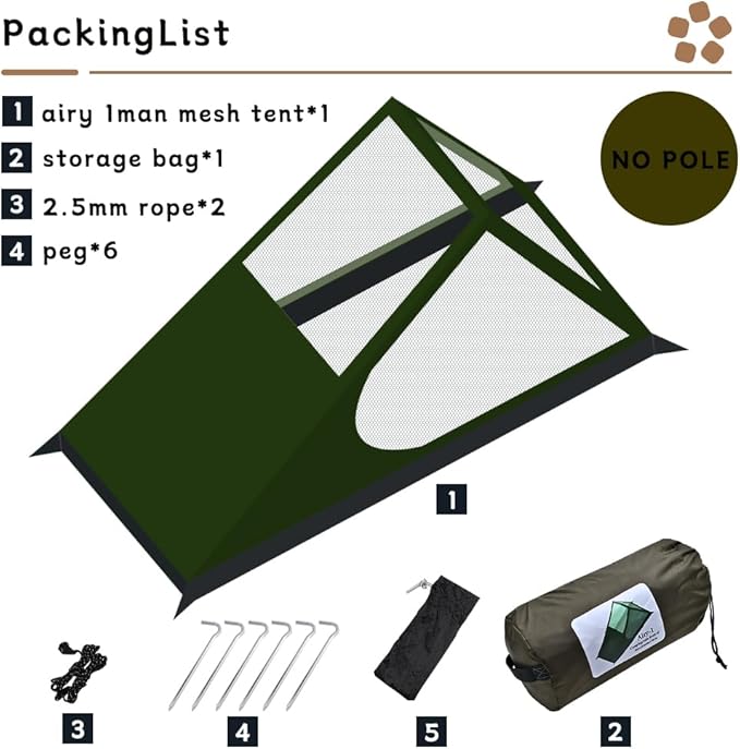 Airy Solo Mesh Tent with 2 Openings Inner Tent for Tarp Waterproof Bathtub Floor for Backpacking Hiking Patio Outdoor Camping