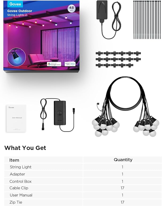 Govee Smart Outdoor String Lights 2 48ft Outdoor Lights with Dimmable Warm White LED Bulbs 47 Scene Modes for Patio Backyard Balcony IP65 Waterproof Works with Alexa App Control