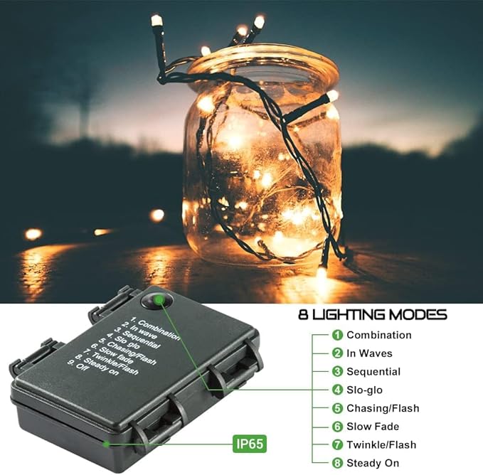Quntis Battery Powered String Lights Outdoor 132FT 300 LED Indoor Christmas Tree Lights Waterproof with 8 Modes and Timer for Halloween Patio Balcony Garden Warm White