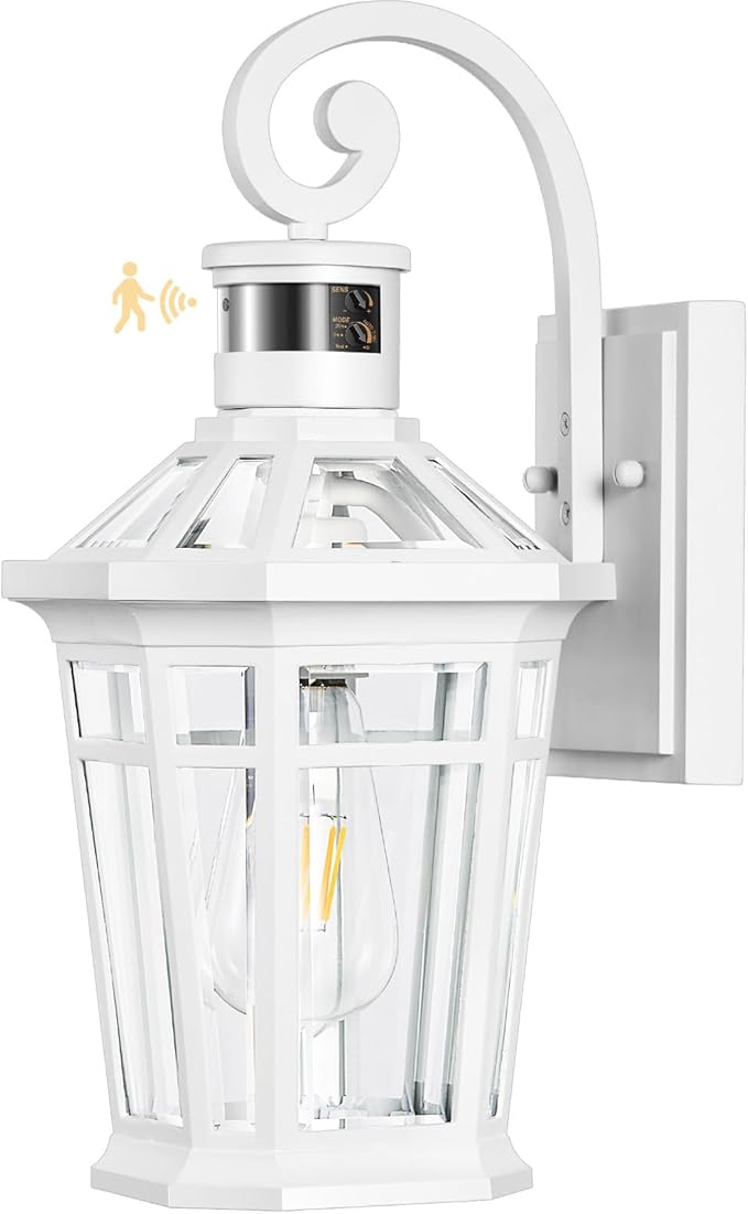 Motion Sensor Outdoor Wall Lantern White Outdoor Lighting Fixtures Wall Mount Dusk to Dawn Exterior Sconce Lights with Beveled Glass Waterproof Exterior Front Porch Lights for Garage Coach