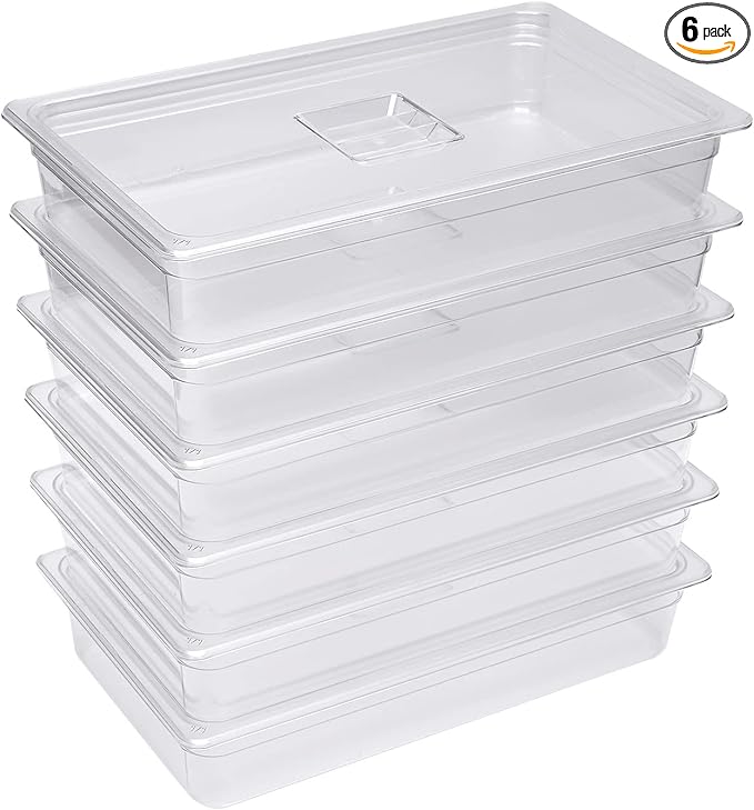 6 Pack Food Pans with Lids Full Size 4 Inch Deep Commercial Food Storage Containers Clear Polycarbonate (PC) Durable for Restaurants Catering Buffet (20.7x12.7x4 Inch)