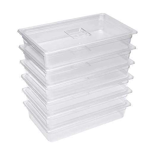 Hotel Pans 6 Pack Full Size 4'' Deep Clear Food Pans with Lids Commercial Stackable Food Pans Polycarbonate Transparent Food Storage Containers Freezer-Safe for Restaurant Hotel