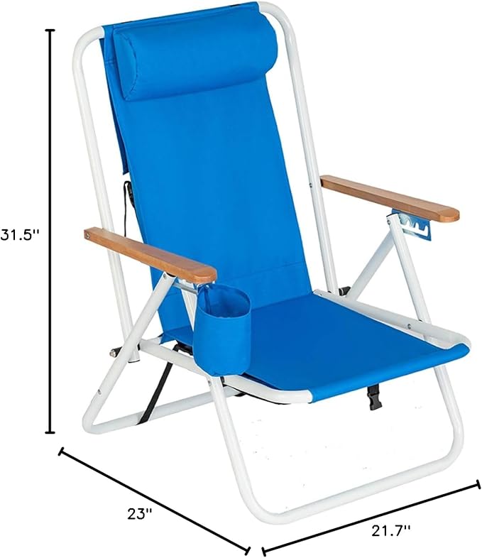 Folding Beach Chair Adjustable Headrest w/Tilt Angle Cup Holder Portable High Strength Cleanable Fabric for Sand Camping Lawn Concert Travel Festival (Blue)