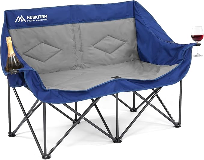 Double Camping Chairs Oversized Loveseat - 2 Person Camping Chair Portable Lawn Folding Chair for Outside Adults - Heavy Duty Outdoor Camping Couch with Cup Hold Blue