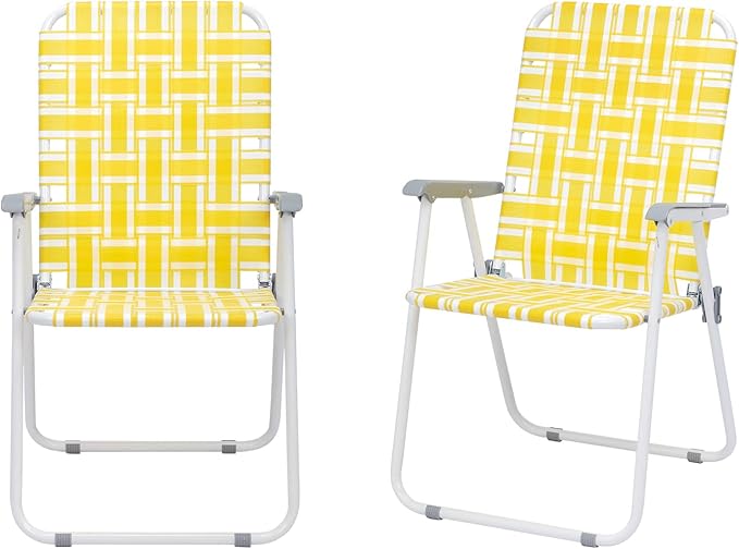 Set of 2 Classic Outdoor Camping ChairsPatio Folding Lawn ChairOutdoor Beach Portable Folding Camping Chair for Garden Pool Beach Backyard (Yellow &amp White Strip)