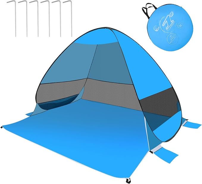 Pop Up Beach Tent Beach Shade with UPF50+ UV Protection Pop Up Tent for 3-4 Person Easy Setup Sun Shade Canopy for Camping Fishing (Light Blue)