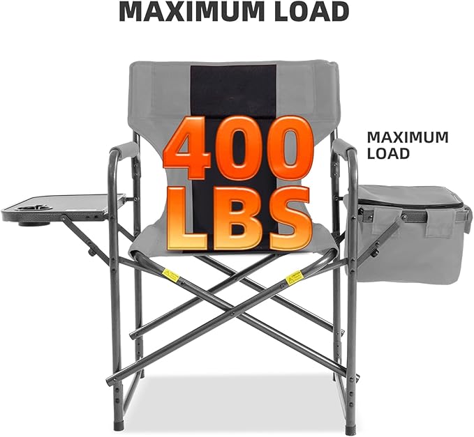 Director Camping Chair with Cooler Bag &amp Foldable Side Tray - 400lbs Heavy Duty Outdoor Folding Lawn Chair Portable Camp Chair for Fishing/Backyard (Black &amp Gray)