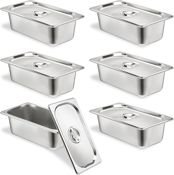 6 Set Stainless Steel Hotel Pans 1/3 Size 4 Inch Deep With Lids Anti-Jam Chafing Steam Table Pans Catering Food Storage Metal Pan