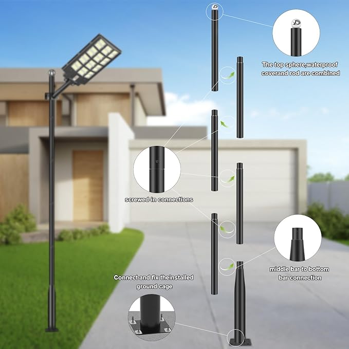 Street Light Pole 20Ft - Black Outdoor Adjustable Metal Solar Street Lamp PostSuitable for Street Courtyard Porch Exterior Patio Flag Lighting Fixtureswith Mounting Rebar Cage Base Accessory