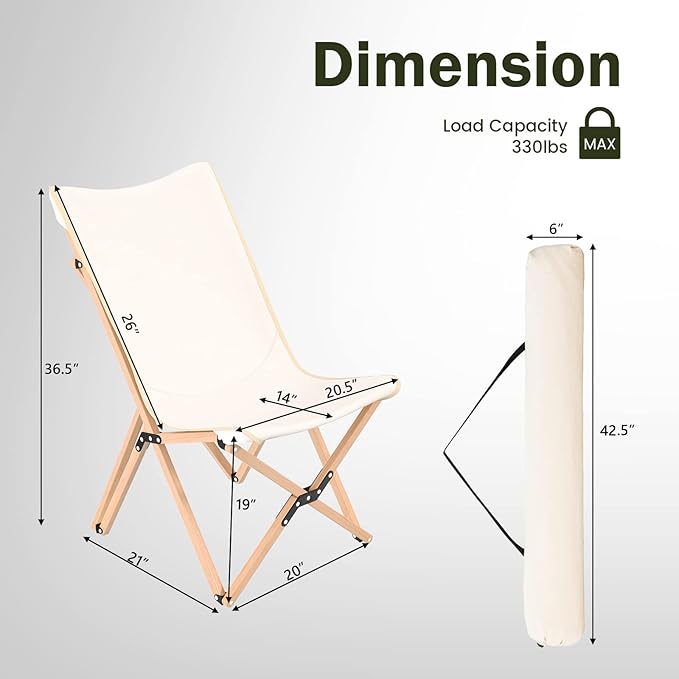 Giantex Camping Chairs 2 Pack Folding Beach Chairs for 330lbs Outdoor Butterfly Chair Portable Lawn Chairs for Picnic Fishing Hiking Mountaineering Lightweight Bamboo Frame No Assembly (Beige)