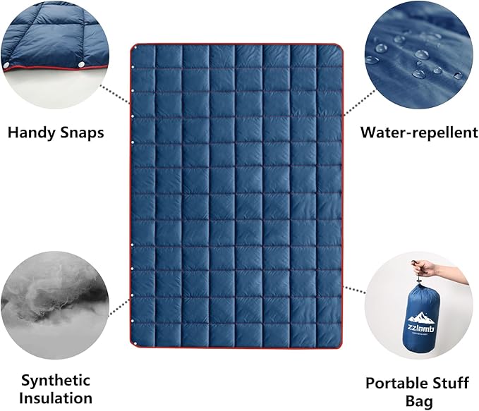 zzlamb Camping Blanket Compact Lightweight Soft Puffy Blanket Water-Repellent Packable Warm Quilt Down Alternative Picnic Hiking Backpacking Beach Travel RV Airplane Couch Car