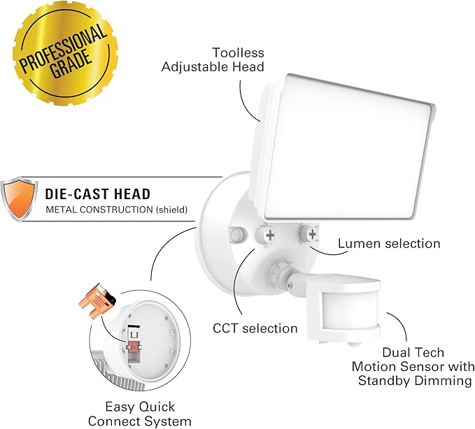 HALO FGS Ultra Bright Outdoor LED Security Floodlight 120-227V w/CCT &amp Lumen Select Motion Activation - White FGS60CLMTNW